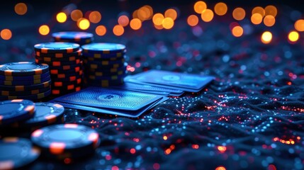 Obraz premium Blue poker chips and cards on table, lights in background