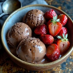 A bowl of chocolate ice cream topped with fresh strawberries