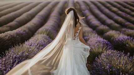 A beautiful bride in a flowing white dress walking through a lavender field, her veil billowing in the gentle breeze, with the lavender in full bloom around her