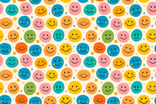 A cheerful seamless pattern with various smiley faces in different colors on a light background, offering a playful and happy tile ornament perfect for fun and lively designs.