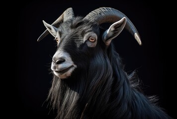 Fototapeta premium Portrait of a black goat on a black background, studio shot