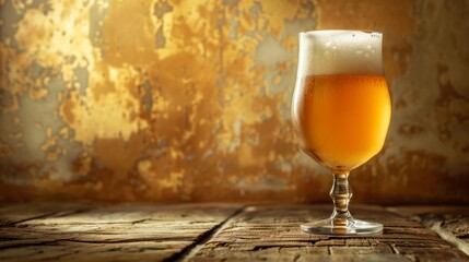 Light foam beer in a glass on an old background