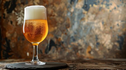 Light foam beer in a glass on an old background
