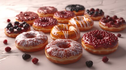 A dozen assorted donuts arranged on a white marble countertop