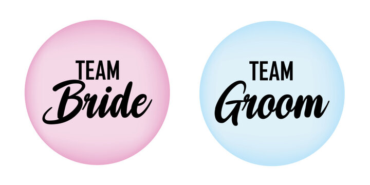 Team Bride and Team Groom Badges for Wedding Parties. Pink and Blue Buttons. Team bride. Team groom. Isolated on transparent background