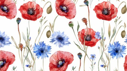  vector floral seamless pattern with watercolor  wild flowers cornflower poppy. 