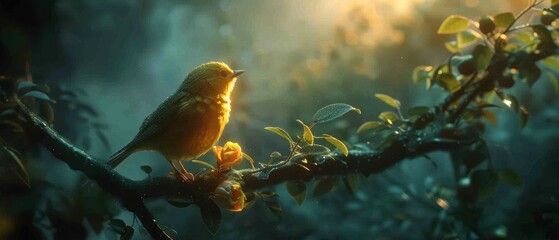 Neon-lit birds on branch, , glowing forest