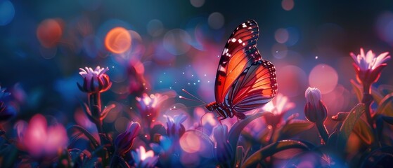 Neon-lit butterfly flight, , glowing garden