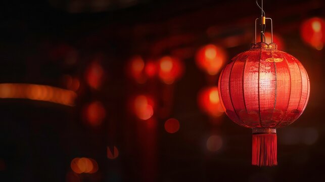 Close up of Chinese red lantern in the night of Chinese New Year of happiness Street backgrounds with copy space, Spring festival, lunar new year celebration banner.