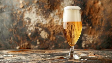 Light foam beer in a glass on an old background
