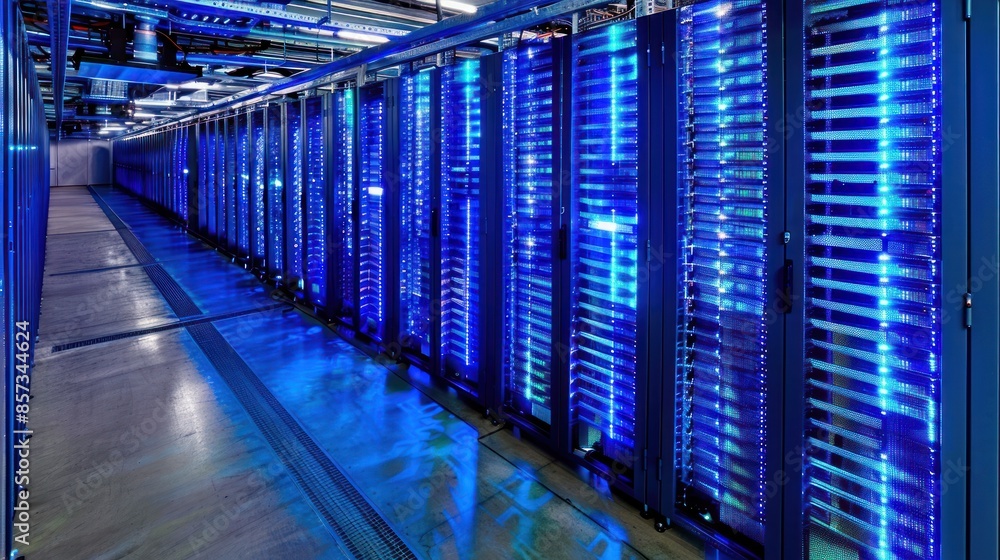 Poster futuristic server room or data center with rows of big server racks