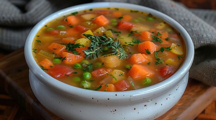 A close-up of a bowl of vegetable soup