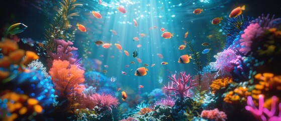 Neon-lit fish swimming, , glowing ocean