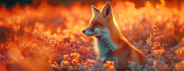 Neon-lit fox in field, , glowing flowers