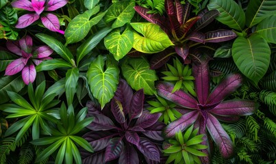 Close-up of plants with green and purple foliage in a botanical garden