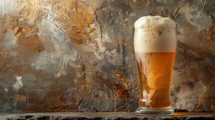 Light foam beer in a glass on an old background