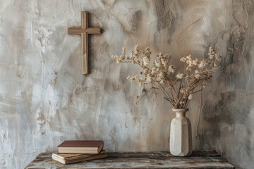 A Christian's house with a table and religious books and a cross on the wall