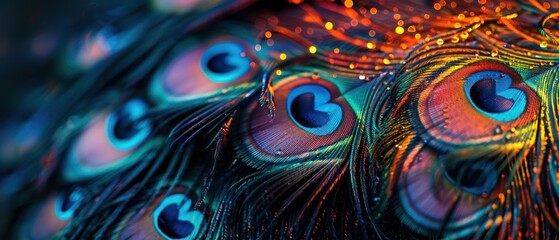 Obraz premium Neon-lit peacock feathers, , vibrant glow