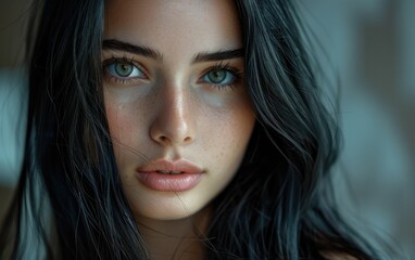 Obraz premium A woman with long black hair and a greenish blue eye. She has a light pinkish red lip