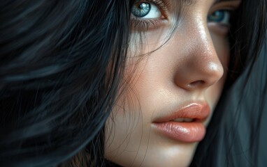 Fototapeta premium A woman with long dark hair and a blue eye. She has a nice smile and her lips are pink
