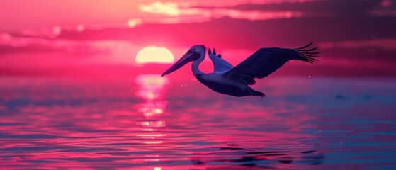 Neon-lit silhouette of a pelican flying over the sea