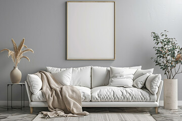 Trendy interior mockup showcasing blank white poster frame mounted on grey wall above cozy sofa accompanied by stylish decor