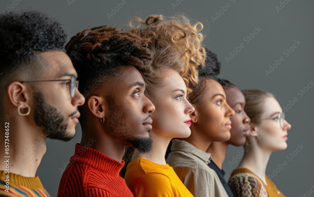 Poster a group of people with different hair colors and styles stand in a line. concept of unity and divers