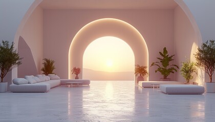 Obraz premium Bright interior with an arch on the wall for product presentation, interior with graphic light and shadow, mockup.
