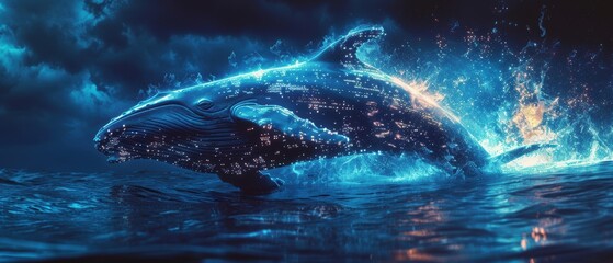Neon-lit whale breaching the ocean, , water spray glowing