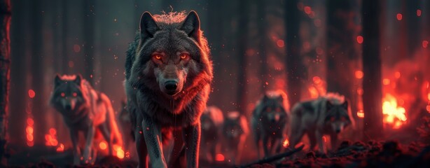 Neon-lit wolf pack, 8k UHD, glowing forest