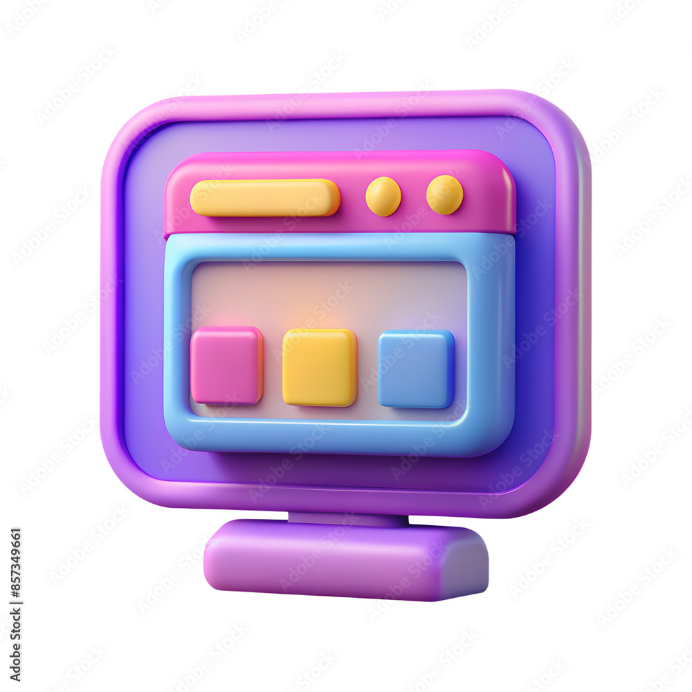 Poster 3d desktop computer screen icon with holographic neon colors. isolated computer sign with window as 