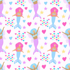 Childrens cute background, magic elements. Llittle mermaid seamless pattern. Vector illustration. Kids birthday, childrens magic print. 