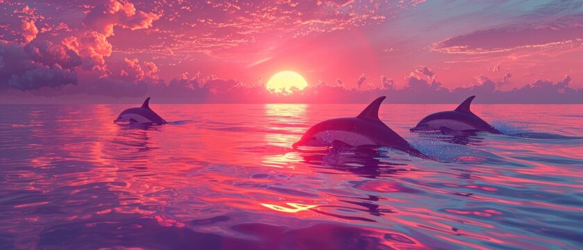 Neon dolphins swimming at dawn