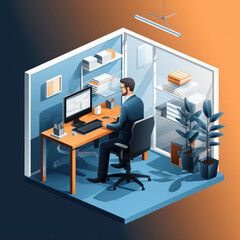 Naklejka premium generated illustration of man is working sitting at a desk in front of a computer monitor.