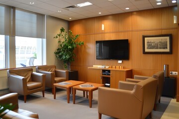 Office TV: Interior of Wooden Office Lounge Corner with Armchairs and Television