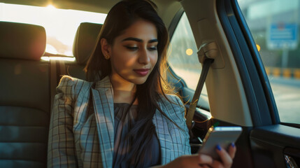 A beautiful woman in office clothes sits with a phone in the car in the back seat. Business woman with a phone in her hands solving work issues. Transport concept.