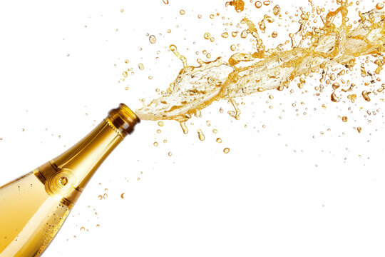 Golden Bottle Of Champagne Popping Isolated On Transparent Background. Png File. Ai Generated
