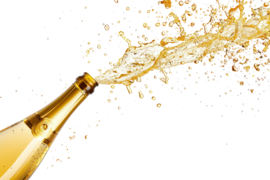 Golden Bottle Of Champagne Popping Isolated On Transparent Background. Png File. Ai Generated

