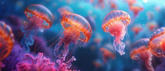 Obraz premium Neon jellyfish floating in the ocean