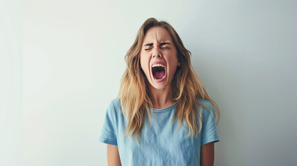 A woman in a blue shirt screams with frustration, eyes tightly closed and mouth wide open, depicted against a simple, light-colored background, emphasizing her intense emotion.
