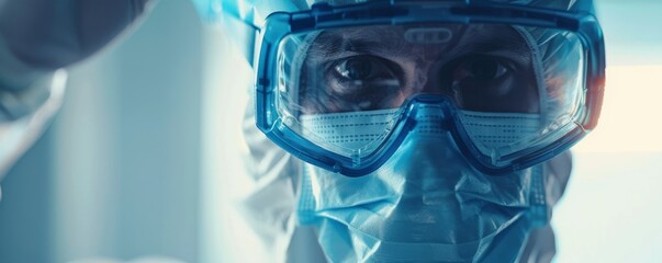 Close-up of a medical professional wearing protective goggles and mask, focused eyes. Health care and safety during pandemic concept