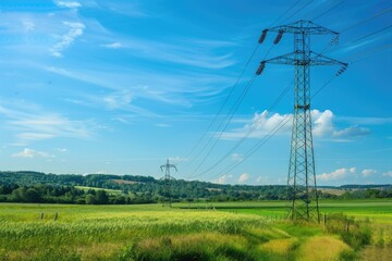 Transmission Poles. High Voltage Electrical Tower in Colorful Summer Landscape