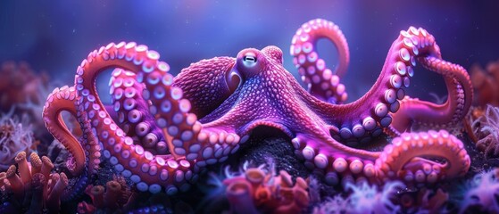 Fototapeta premium Neon octopuses in a deep-sea environment