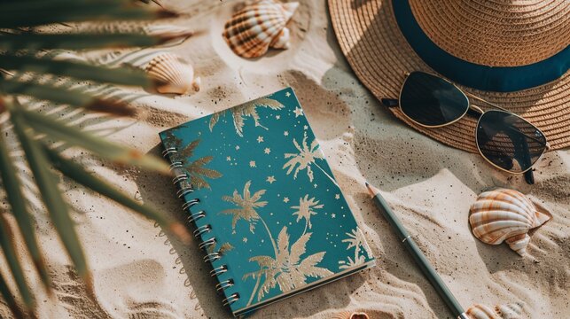A notebook with travel-themed cover art, filled with adventure plans and bucket lists, lying on a sandy beach next to a sun hat, sunglasses, and seashells