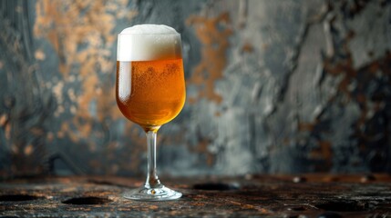 Light foam beer in a glass on an old background