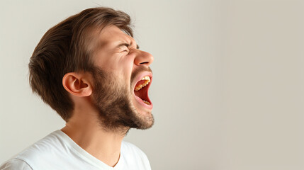 Fototapeta premium The image captures a profile view of a man with casual clothes, featuring modern hairstyle, in a minimalistic setting with neutral background.