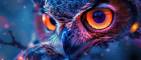 Naklejka premium Neon owls with glowing eyes