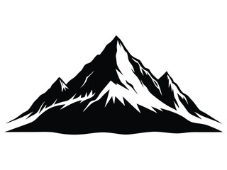 Majestic mountain peak vector illustration, detailed black and white silhouette of a mountain range with snow-capped summits