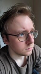 Fototapeta premium A young man with brown hair and glasses looks away from the camera