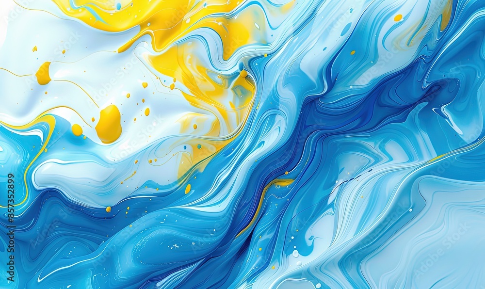 Poster mix of yellow light blue blended paint drops dissolving in fluid and creating abstract patterns agai